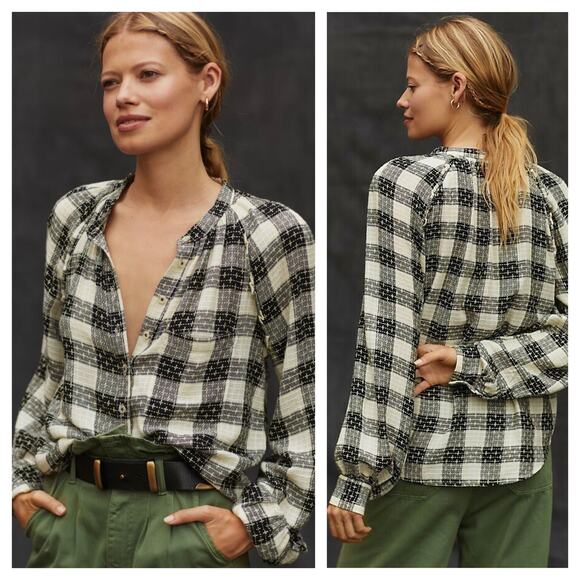 Anthropologie Pilcro Breezy Plaid Buttondown Top XS Check Textured Long Sleeve - Picture 1 of 13